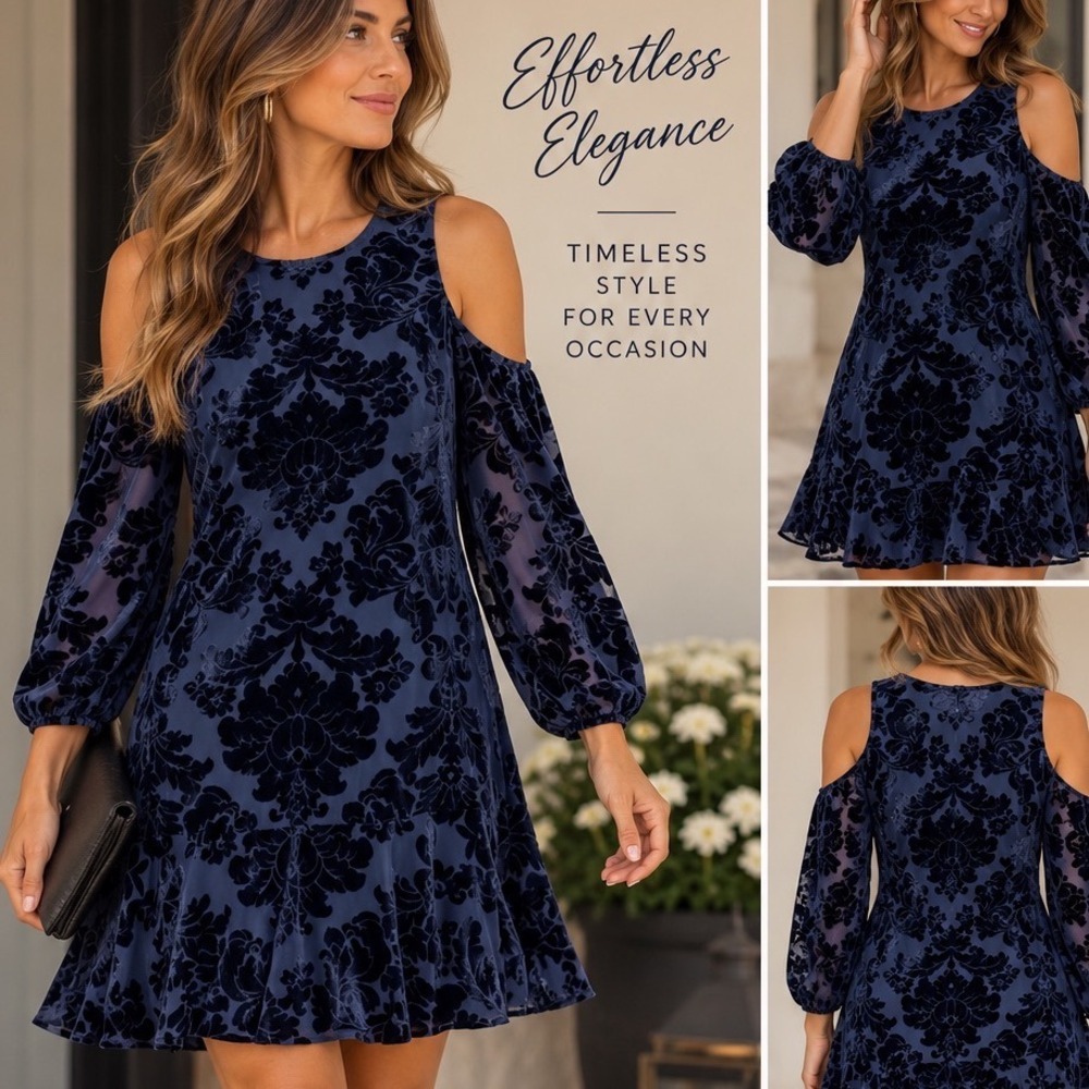 Womens 6 Eliza J Dress Navy Blue Velvet Burnout Cold Shoulder Floral Cocktail